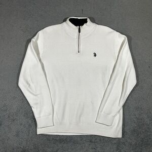 US Polo Assn Men's Large White Heather Quarter Zip Knit Sweater Fur Colar #1894
